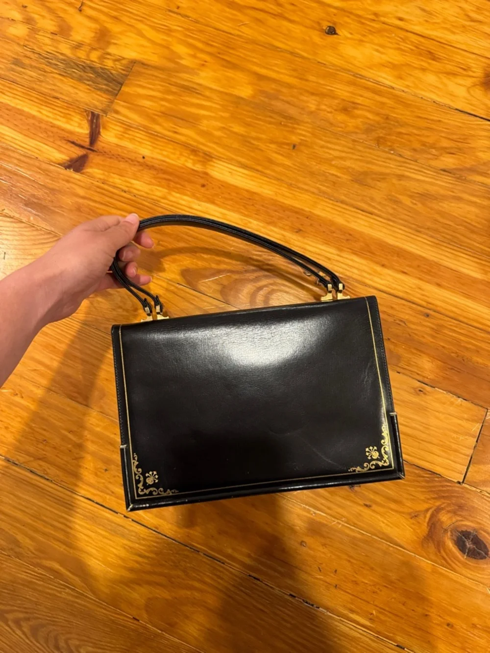 Vintage Italian Classic Black Leather Top-Handle Bag with Gold Hardware